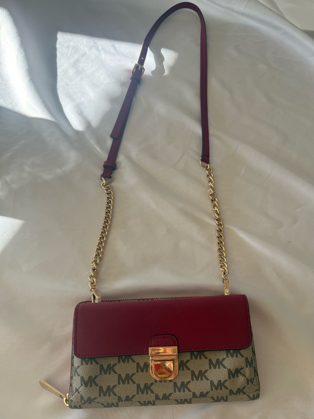 Michael Kors Red and Beige MK Logo Crossbody Wallet